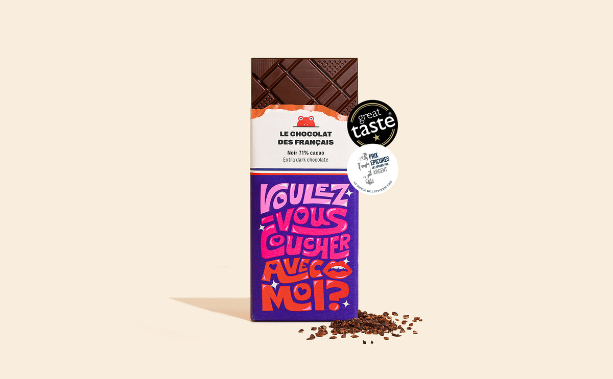 Tablette chocolat noir & fèves de cacao "Voulez-vous coucher avec moi ?" - packshot